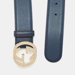 Gucci Navy Blue Leather Interlocking G Buckle Belt 80CM