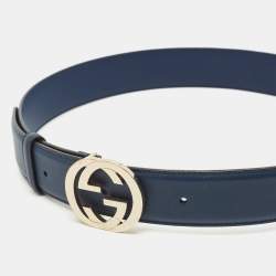 Gucci Navy Blue Leather Interlocking G Buckle Belt 80CM