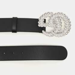 Pre Owned Gucci Black Leather GG Crystal Buckle Belt 70CM