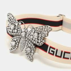 Pre Owned Gucci White Elastic Band Crystals Embellished Butterfly Waist Belt 85CM