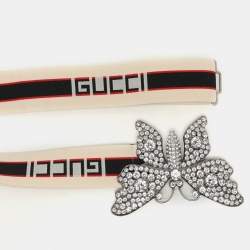 Pre Owned Gucci White Elastic Band Crystals Embellished Butterfly Waist Belt 85CM