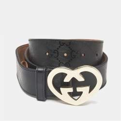 Gucci Black GG Imprime Canvas Lovely Heart Buckle Belt 80 CM