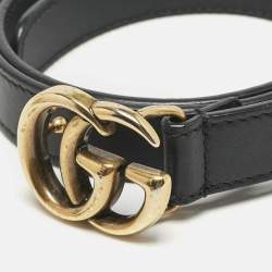 Pre Owned Gucci Black Leather GG Marmont Slim Belt 70CM