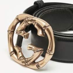  Gucci Black Leather Metal Bamboo Interlocking G Buckle Belt 85CM