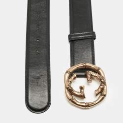  Gucci Black Leather Metal Bamboo Interlocking G Buckle Belt 85CM