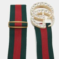Gucci Green/Red Web Elastic Canvas GG Crystals Embellished Buckle Belt 80CM