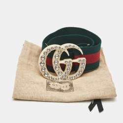 Gucci Green/Red Web Elastic Canvas GG Crystals Embellished Buckle Belt 80CM
