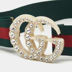 Gucci Green/Red Web Elastic Canvas GG Crystals Embellished Buckle Belt 80CM