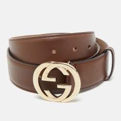 Gucci Brown Leather Interlocking G Buckle Belt 85CM