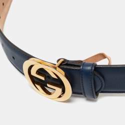 Gucci Navy Blue Leather Interlocking G Buckle Belt 80 CM