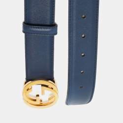 Gucci Navy Blue Leather Interlocking G Buckle Belt 80 CM