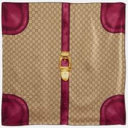 Pre Owned Gucci Pink/Beige Monogram Trunk Print Silk Scarf