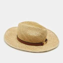 Gucci Beige Horsebit Leather Trim Straw Hat 