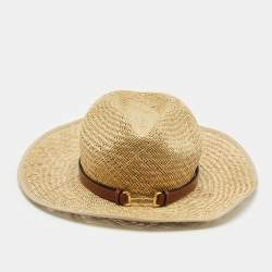 Gucci Beige Horsebit Leather Trim Straw Hat 