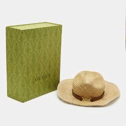 Gucci Beige Horsebit Leather Trim Straw Hat 