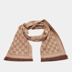 Gucci Light Brown GG Jacquard Wool Knit Scarf 