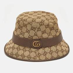 Gucci Beige GG Canvas Leather Trimmed Bucket Hat M
