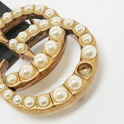 Gucci Black Leather GG Marmont Pearl Embellished Buckle Belt 110CM