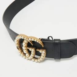 Gucci Black Leather GG Marmont Pearl Embellished Buckle Belt 110CM