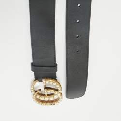 Gucci Black Leather GG Marmont Pearl Embellished Buckle Belt 110CM