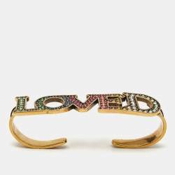 Pre Owned Gucci 'LOVED' Crystal Gold Tone 4 Finger Ring