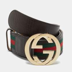 Gucci Brown Web Canvas and Leather Interlocking G Buckle Belt 85CM