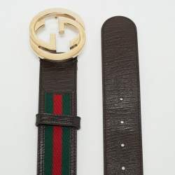 Gucci Brown Web Canvas and Leather Interlocking G Buckle Belt 85CM