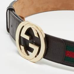 Gucci Brown Web Canvas and Leather Interlocking G Buckle Belt 85CM