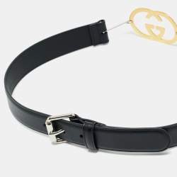 Pre Owned حزام غوتشي إبزيم حرف جي متشابك جلد غوتشيسيما أسود 90 سم