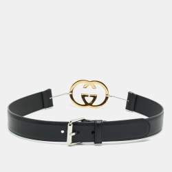 Pre Owned حزام غوتشي إبزيم حرف جي متشابك جلد غوتشيسيما أسود 90 سم