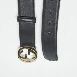 مملوكة مسبقًا Gucci Black Leather Interlocking G Buckle Belt 95 CM