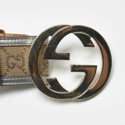 Pre Owned Gucci Beige/Silver GG Canvas and Leather Interlocking G Buckle Belt 90CM