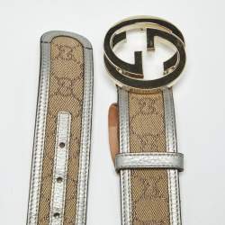 Pre Owned Gucci Beige/Silver GG Canvas and Leather Interlocking G Buckle Belt 90CM