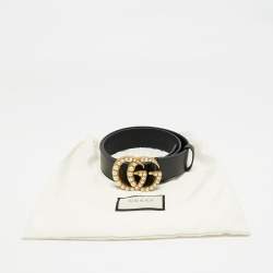 Pre Owned Gucci Black Leather Pearl Embellished Double G Buckle Belt 80 CM