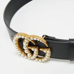 Pre Owned Gucci Black Leather Pearl Embellished Double G Buckle Belt 80 CM