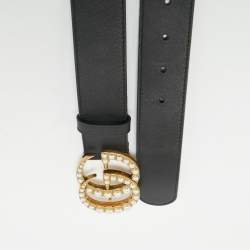 Pre Owned Gucci Black Leather Pearl Embellished Double G Buckle Belt 80 CM