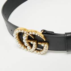 Pre Owned Gucci Black Leather Pearl Embellished Double G Buckle Belt 75 CM