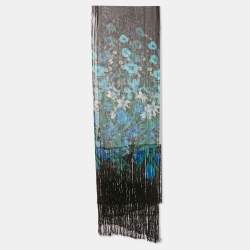 Pre Owned Gucci Black Floral Print Silk Chiffon Fringed Stole 