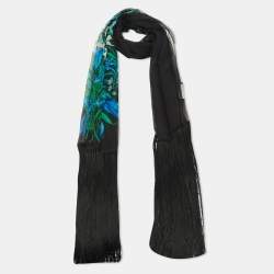 مملوكة مسبقًا Gucci Black Floral Print Silk Chiffon Fringed Stole 