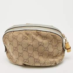 Pre Owned Gucci Beige/Silver GG Canvas and Leather Bamboo Cosmetic Pouch