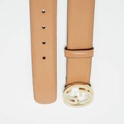 Pre Owned Gucci Beige Leather Interlocking G Buckle Belt 90 CM