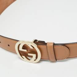 Pre Owned Gucci Beige Leather Interlocking G Buckle Belt 90 CM