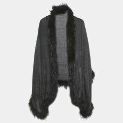Pre Owned Gucci Black Fur Trim GG Supreme Wool and Silk Shawl