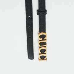 Pre Owned Gucci Black Leather Logo Slim Waist Belt 95CM