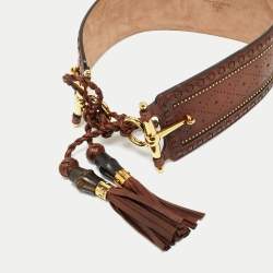Pre Owned Gucci Brown Leather Embellished Tassel Waist Wide Belt 70CM