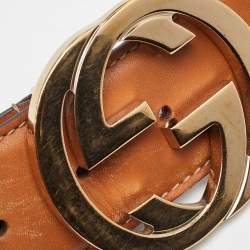Pre Owned Gucci Tan/Green Fabric and Leather Web Interlocking G Buckle Belt 85CM