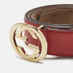 Pre Owned Gucci Red Leather Interlocking G Buckle Belt 95 CM