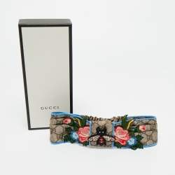 Pre Owned Gucci Brown Guccissima Bee & Floral Appliqué Silk Headband