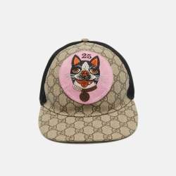 Pre Owned Gucci Beige GG Supreme Canvas and Mesh Bosco Applique Baseball Cap M