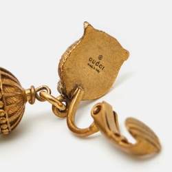 Pre Owned Gucci Feline Head Spiked Faux Pearl Gold Tone Clip-On Earrings